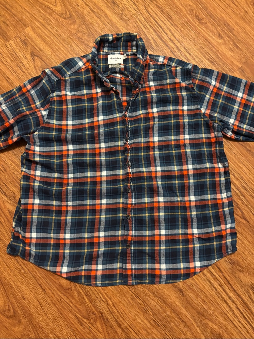 Goodfellow & Co Men’s Navy Blue, Yellow & Orange Plaid Flannel Shirt XXL